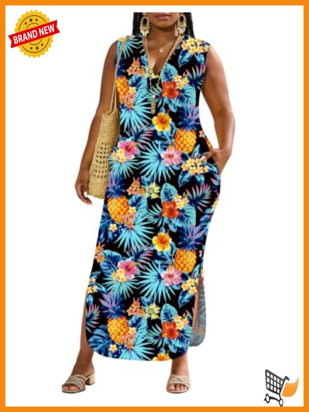 Plus Size Maxi Dress Sleeveless Hawaiian Sundress with Pockets V-Neck Split